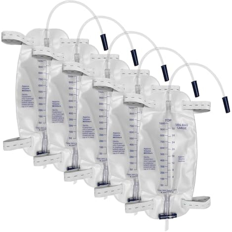 5 Pack Easy-Tap Leg Bag with Anti-Reflux Valve, 1000ml Catheter Bags with 2 Cloth Straps, Disposable Urine Leg Bag for Home Care Easy Flip Drain