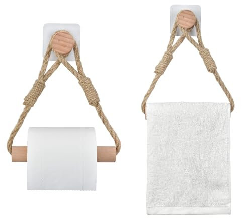 2er Set Toilettenpapierhalter ohne Bohren, Vintage Handtuchhalter aus Seil und Holz, Selbstklebende WC Papier Halterung, Industriestil Bad Dekoration, Boho Design, Geeignet für Badezimmer