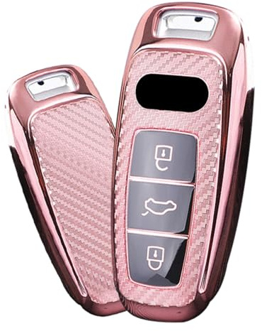 ontto Schlüsselhülle Passt für Audi A3 A6 A7 A8 E-Tron S3 S6 RS6 S7 RS7 Q7 SQ7 Q8 SQ8 2019-2023 3 Tasten TPU Kohlefaser Autoschlüssel Hülle Schlüsselbox Schlüsselgehäuse Auto-Zubehör-Rosa