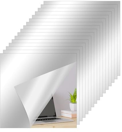 ASSRECT 16Pcs Acrylic Mirror Tiles 15 x 15cm Self Adhesive Square Mirror Flexible Mirror Sheets Wall Stickers Frameless Small Mirrors Wall Decor Set for Home Gym Door Bedroom Living Room