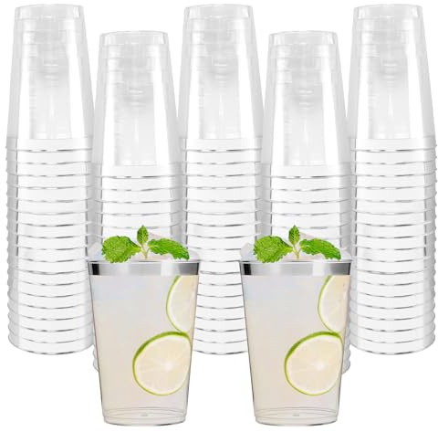 60 Stück Plastikbecher mit Silbrig Rand, 350ml/12oz Wiederverwendbarer Becher aus Kunststoff, Trinkbecher Elegante Partybecher Cocktailbecher für Geburtstag Hochzeit Cocktail Getränk (11.1x7.4cm)