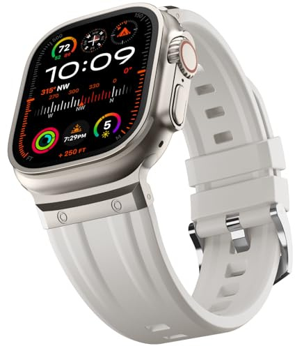Tasikar Sportband kompatibelt med Apple Watch Ultra Band 49 mm 45 mm 44 mm 42 mm, män rostfritt stål metall silikon ersättningsrem för iWatch Ultra 2 Ultra Series 9 8 7 6 5 4 3 2 1 SE, stjärnljus