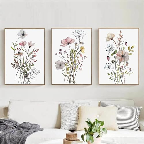 champracer Set de 3 imágenes para salón, acuarela floral, decoración de pared, lienzo, póster de arte, sin marco, flores en lienzo, póster de arte para dormitorio, oficina, decoración de pared (50 x