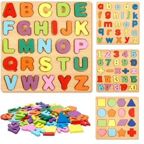 Lotvic Alphabet Puzzle, Wooden Alphabet Puzzle Board for Early Learning, ABC Letters & Numbers & Shapes Board for Toddlers Preschool Kids, Montessori Learning Educational Toys for Boys Girls