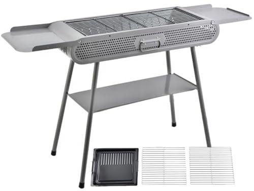 HYQNG Tragbarer Holzkohle-BBQ-Grill, großer Holzkohle-Tischgrill mit 2 Grillnetzen und 1 Grillplatte, 3 Ablagebretter, zusammenklappbarer BBQ-Grill, Outdoor-Grill für 5–8 Personen