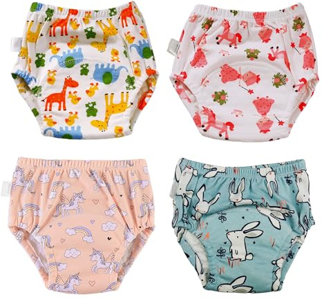 Dioshark Potträningsbyxor underkläder baby flicka, 4 stycken återanvändbara träningsbyxor bomull, träningsbyxor enhörning, regnbåge, kanin, tryck, rosa, vit, blå, för småbarn 1–2 år