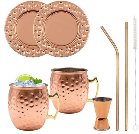 INTIRILIFE Moscow Mule Becher 2er Set- 450 ml- Cocktailbecher -2 Kupferbecher,2 Untersetzer,2 Strohhalme,1 Barmaß & Reinigungsbürste & Rezeptbuch- kupferbeschichteter Edelstahlbecher- Party Geschenk