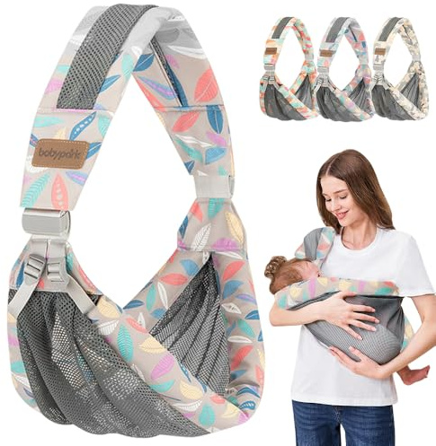 Tyuodna Baby Trage,Tragetuch Baby mit Verstellbar Bequemen Schultergurten,Babytrage Neugeborene Ab Geburt,Breathable 3D Mesh Babytrage Seitlich Für Babys Von 0 Bis 36 Monaten (Blätter)