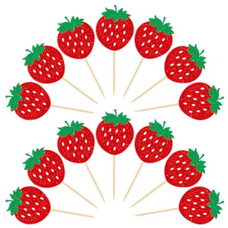 JIHUOO Lot de 24 décorations à paillettes pour cupcakes - Thème fraise - Pour fête d'anniversaire, fête prénatale, dessert - Pour fête d'anniversaire, mariage