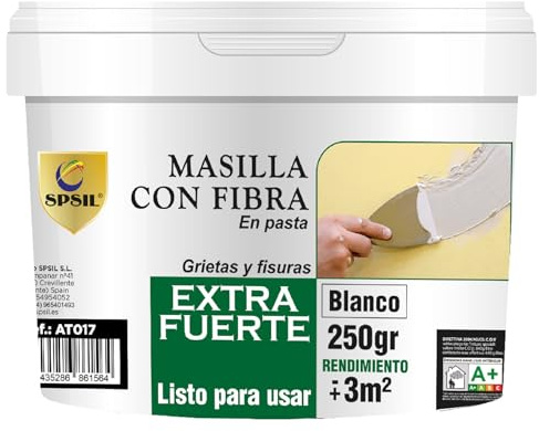 SPSIL Masilla Reparadora con Fibra de Vidrio - Para Grietas, Juntas y Abolladuras - Uso Interior/Exterior - Compatible con Yeso, Madera y Metal - Secado en 2h (Blanco) (250 gr)