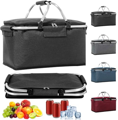 Hengrongshen 18 l shoppingkorg vikbar, inköpskorg med kylfunktion, med lock, korg shopping, kylkorg vikbar, kylbox bärbar, bärkorg, isolerad svart för resor, picknick, shopping