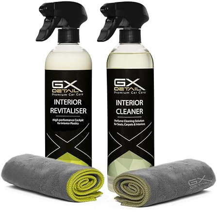 GxDetail Pack de Limpieza y Cuidado Salpicadero para Coche – Limpiador de Salpicadero y Textiles - Revitalizador de Plásticos Interiores – Limpieza Profunda y Olor Agradable – Acabado Profesional.