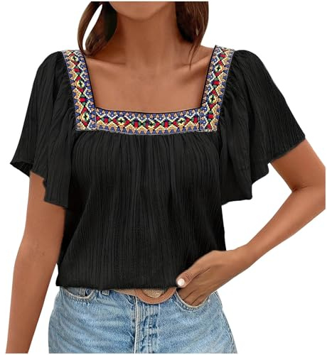 Flodxo Haut bohème pour femme - Chemises d'été bohème brodées élégantes et décontractées - Col carré - T-shirt mexicain à manches courtes - Style hippie paysan - Tunique mignonne - Pull de vacances au