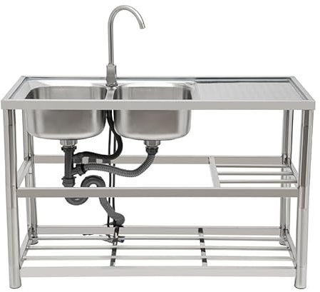 Edelstahl Doppelbecken-Spültisch 120x45x80 cm – Freistehend mit 2 Becken, Arbeitsplatte & Ablage – Komplettset inkl. Wasserhahn & Abfluss – Für Küche, Garage & Gastro
