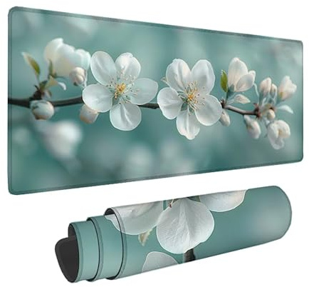 Grand Tapis de Souris XXL 80 x 40 cm, Fleurs de Cerisier Tapis Souris Blanc Motif avec Base en Caoutchouc Antidérapant Désign, Imperméable Mouse Pad avec Bords Cousus, Accessoire Bureau -zzg250507