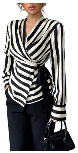 SOLY HUX Women's Tie Front Wrap Tops Striped Long Sleeve Shirt V Neck Dressy Casual Blouses Black and White Medium