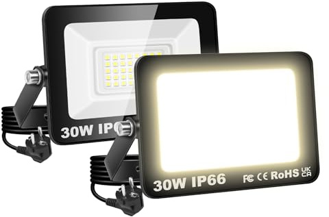 RIGIDON 2x LED Strahler Außen, 30W 3000LM 3000K Warmweiß IP66 Wasserdicht | mit Stecker, Led Scheiwerfer Außenstrahler Fluter Flutlicht Spotlight Außenlampe für Garage Garten Sportplatz Terrasse Hof