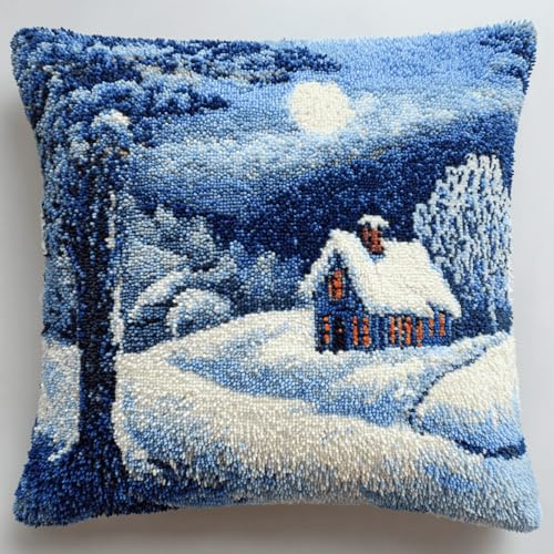 ANSIWEIGO Kit de cojines DIY 43 x 43 cm – Juego de nudos para salón y sofá, funda de almohada mullida, casa de nieve