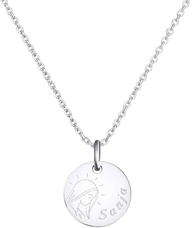 Moments Précieux Collier personnalisé baptême, dessin Vierge Marie, argent - Idée cadeau pour Noël - Anniversaires - Baptême - Communion