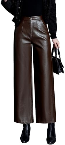 HaoMay Women's Faux Leather Pants Straight Wide Leg PU Trousers with Pockets(Coffee-S)