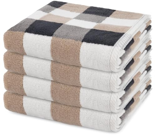Ross 4er Set Cashmere Feeling Karo Handtücher – 100% Baumwolle, Garngefärbter Walkfrottee 500 g/m², Flauschig weich & saugstark, Pflegeleicht - modischen Farben – Stilvoller Komfort - Braun/weiß