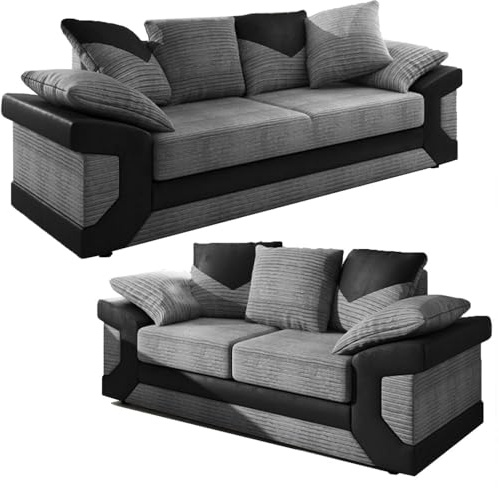 Jumbo Cord Corner Sofa - Modern 3&2 Seater Suites - 5 Seater with Chaise - Black & Grey Scatter Back Couches - Large Dino Left/Right Hand Facing Sofas Including Footstool for Living Room (3+2 Set)
