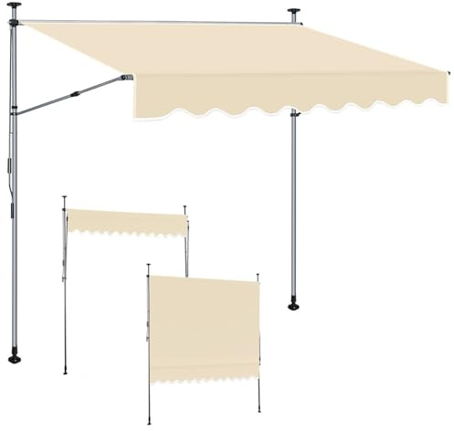 ISOISL Klemmmarkise 350 cm Breit, Balkon Sonnenschutz Ohne Bohren Höhenverstellbar 214–305 cm,Balkon Klemmmarkise Ausziehbar bis 150 cm,aus 180g/m² Polyester, UV50+,Beige