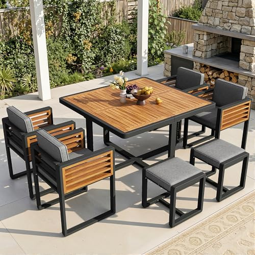 Merax Gartenmöbel Set 6 Personen, Outdoor Tisch- und Stühle-Set mit Massivholz Tischplatte, Terrassenmöbel Balkonmöbel, Gartengarnitur Essgruppe mit 6 Stühlen,Grau