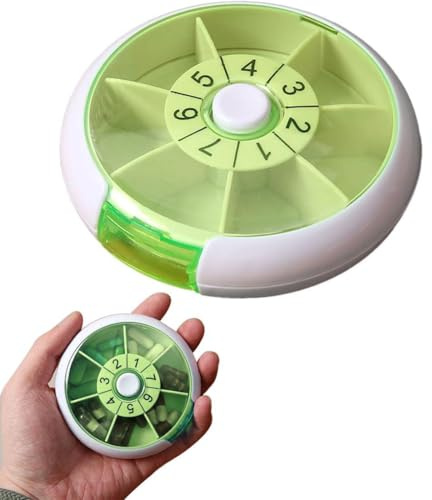 GNALIA 1 Boite Pilule Rotative 7 Jours 7 Compartiments Ronde Portable Stockage Médicaments Comprimés Vert 9 X 9 X 2.2 Cm
