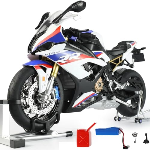 SHINESIGNAL 1:6 Metall Motorrad Modell kompatibel für BMW S1000RR Druckguss Motorradmodell mit Schlüssel Sound Licht Spray Sammler Motorrad Modell Geschenk für Erwachsene Weiß