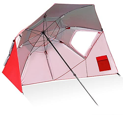 SIXRUN Ombrellone da Esterno, Tenda da Sole Portatile da 220 Cm con Rivestimento in Argento Oxford 210D, Altezza Regolabile, Alette Laterali e Finestre con Cerniera per la Pesca in Campeggio in