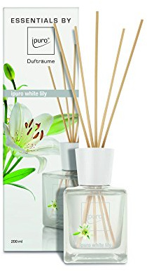 Ipuro Essentials Raumduft white lily für ein blumig-zartes Raumklima - Lufterfrischer mit hochwertigen Inhaltsstoffen (200ml) - aus Glas mit Rattanstäbchen