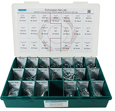 Set DIN 912 Zylinderkopfschrauben M3+4 galv. verzinkt 8.8 Muttern+Scheiben | Sortiment M3 + M4 DIN 912 - Zylinderschraube Zylinderkopfschraube Innensechskant Stahl galvanisch Werkstoff Güte 8.8