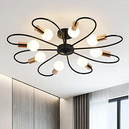 Qcyuui 8-flammige Sputnik Deckenleuchte Schwarz Gold, 84cm, E27 aus Metall | Halbflache Wohnraumlampe im Industrial Vintage Design, dimmbar für Küche, Esszimmer, Schlafzimmer und Flur, ohne Leuchtmittel
