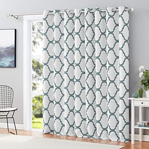 Melodieux Moroccan Patio Curtains for Extra Wide Window, Room Divider Blackout Drape for Sliding Glass Door, 1 Panel (100 x 96 Inch, Off White/Dusty Teal)