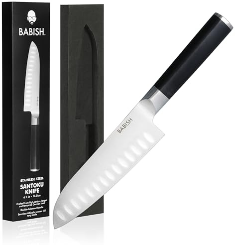 Babish 6.5 Inch Santoku Knife High Carbon 1.4116 German Steel Kitchen Knife Razor Sharp Blade Durable Precision Cutlery for Slicing Dicing Chopping Vegetables Meat and Fish