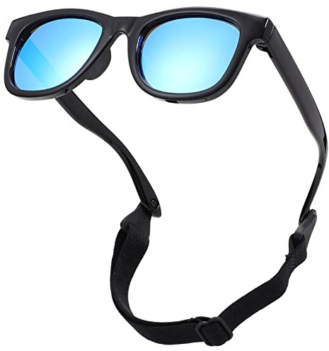 COASION Bendable Flexible Polarized Newborn Baby Sunglasses with Strap for Infant Boys Girls Age 0-12 Months (Black/Blue Mirror)