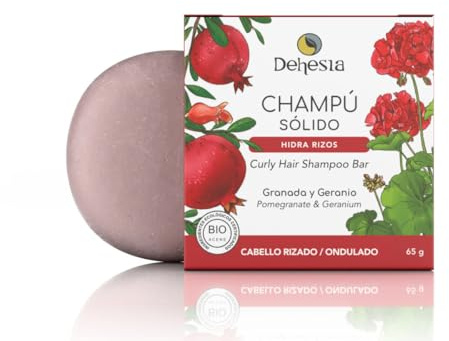 Champú sólido BIO Hidra-rizos sin sulfatos para cabello rizado, ondulado | Natural, 100% vegano y ecológico, sin plásticos | Con aceite de coco, granada, hibisco, proteínas y aroma a geranio
