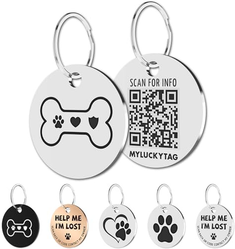 MYLUCKYTAG Stainless Steel QR Code Pet ID Tags Dog Tags - Pet Online Profile - Scan QR Receive Instant Pet Location Alert Email