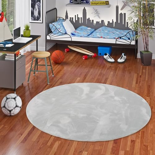 Kunstfaser Teppich Kinder und Jugend Super Soft Fellteppich Pearl Kids Grau Rund in 3 Größen