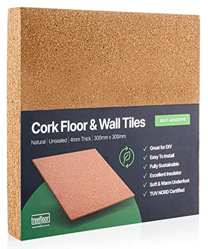 Treefloor Piastrelle autoadesive in sughero naturale, 300 x 300 x 4 mm, confezione da 16