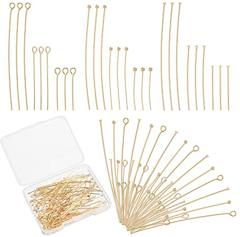 BENECREAT 180 Stück 9 Stil Echte 14 Karat Vergoldete Stifte, 24 Gauge Eye、Kugelkopf Pins 23 Gauge Flachkopf 、Messing Pins Für Ohrring Armband DIY Schmuckherstellung, 20pcs / Style