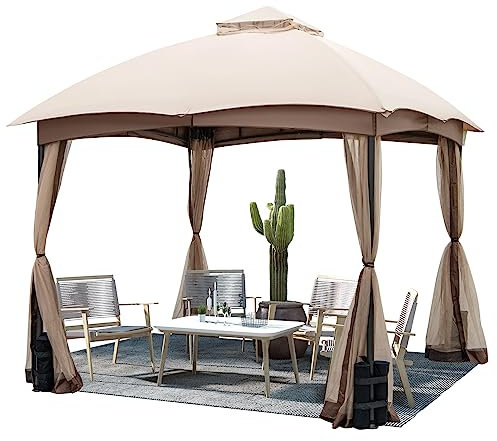 KOMFOTTEU Gazebo per Esterno 3 x 3 m in Tessuto in Poliestere Resistente a Sole e Pioggia, Tendone a Tetto con Rete e Sacchi di Sabbia, Tendone a Tetto per Feste e Campeggio da Giardino, Balcone Cachi