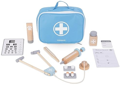 Mamabrum, Petit kit de médecin en bois, sac de médecin, carte de test visuel, 4 types de médicaments, thermomètre, stéthoscope, recettes, badges de médecin pour enfants