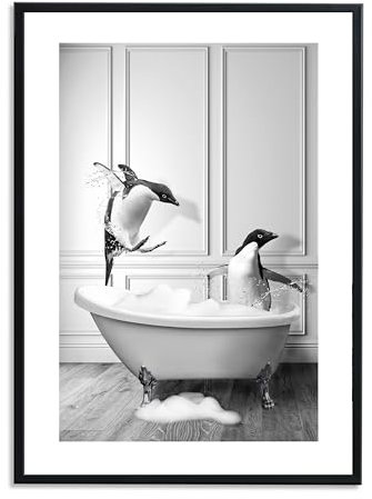 1M® Poster - Badezimmer Deko Bilder - stilvoller Kunstdruck - schwarz weiß Wandbilder - WC Deko - DIN A4 Pinguin