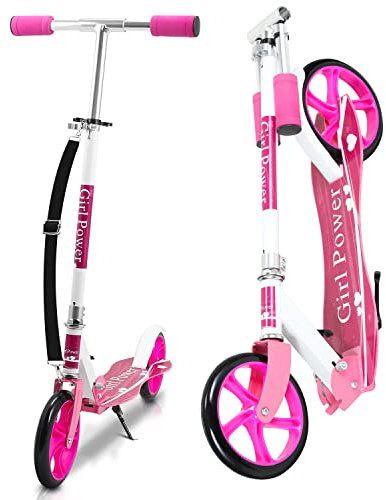Ansobea Monopattino per bambini, monopattino con ruote grandi, regolabile in altezza e pieghevole, con portata fino a 100 kg, colore rosa