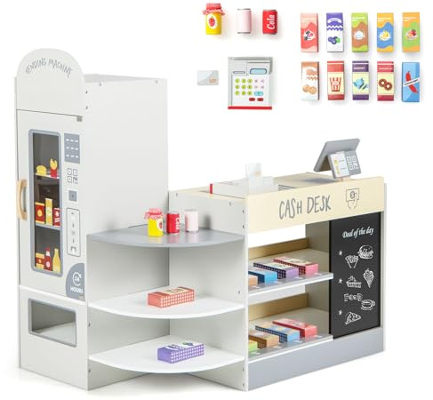 COSTWAY Pretend Play Shop, Kids Supermarket Playset with Cash Register, Vending Machine, Chalkboard, Wooden Role Play Grocery Store for Children Ages 3+ (White)
