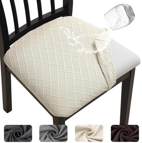 Meision Esszimmerstuhl Sitzbezüge TPU-Laminierung Wasserdicht 6er Set, Stretch Stuhlhussen Abnehmbare Waschbar, Esszimmerstuhl Sitzkissen Hussen für Küche, Esszimmer, Hotel, Hochzeit, Beige
