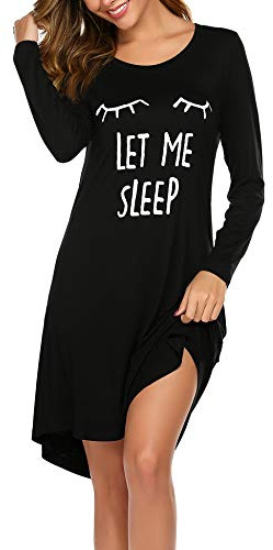 Ekouaer Women Nightgown Long Sleeve Cute Print Sleepshirts Soft Knee Length Pajama Sleepwear