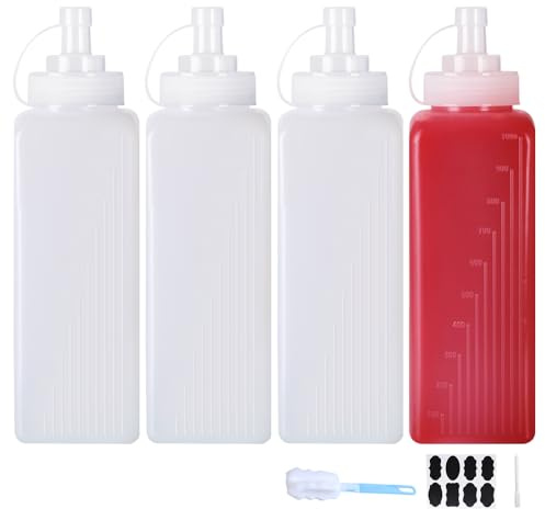 YBCPACK 4 Stück große Kunststoff-Quetschflaschen mit Tüllen, 1000 ml quadratische Soßenflaschen, Lebensmittelqualität, Quetschflaschen für Saucen, Ketchup und Salatspender
